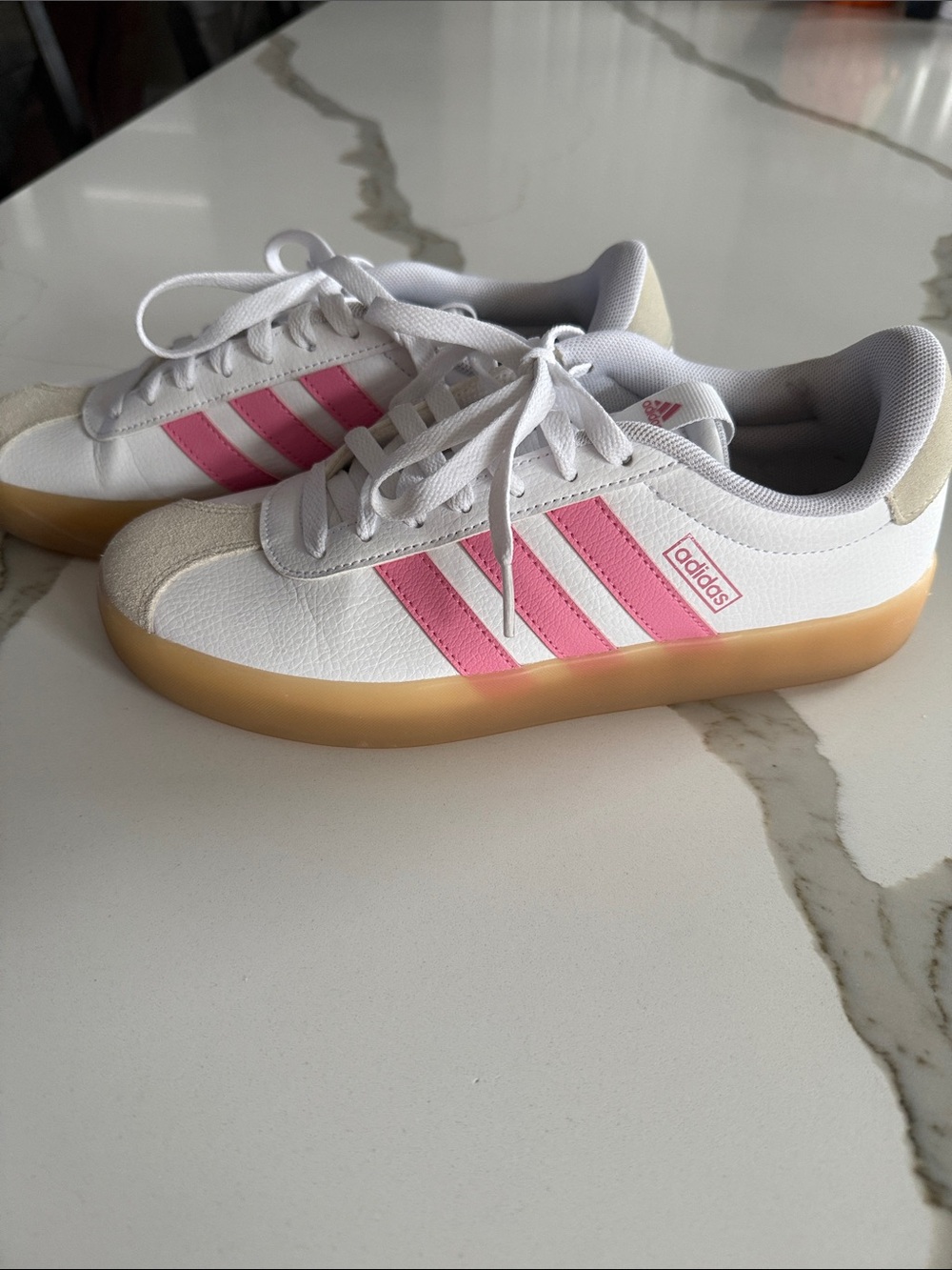 Addidas White Sneakers with Pink Stripes and Gum Sole